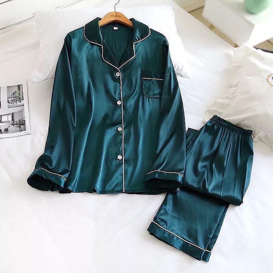Girls Wear Hammer Plain Silk Night Suit For Girls & Women - Dark Green