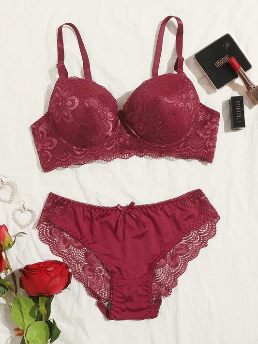 Flourish Padded Wired and Push Up Flower Printed High Quality Adjustable Straps Back Closure Bridal Bra And Panty Set / Red