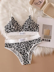 Leopard Design Ladies Imported High Quality Soft Padded Push-Up Bra Set Free Size / Black