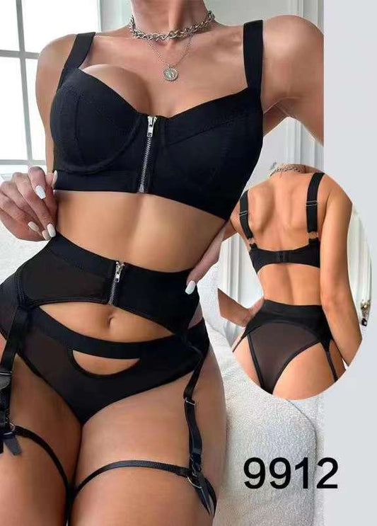 Baby Doll Stocking Erotic Set Lingerie Bandage Underwear Bra Kit - Black