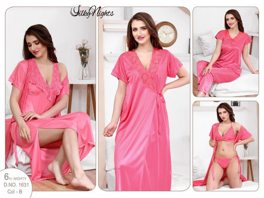 Silky Nights 6-Pieces Embroidery Bridal Nightwear With Side Knot For Girls & Women - Baby Pink