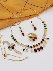 Fashion Jewellery Indian AD Set Multicolor Stone 4-Pieces Combo