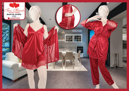 Women Red Silk Night Gown 3 piece