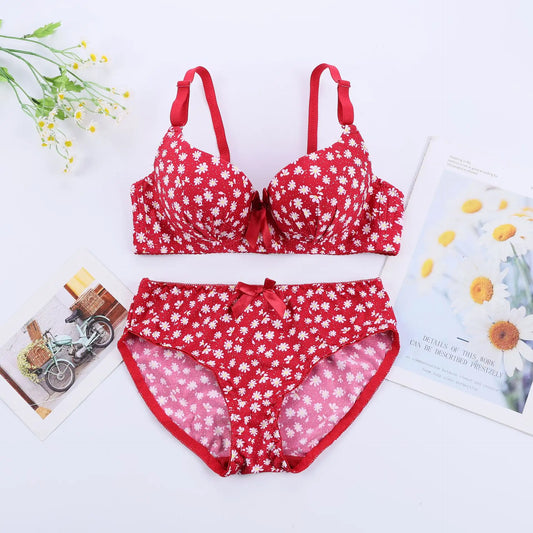 Flourish Padded Wired and Push Up Flower Printed High Quality Adjustable Straps Back Closure Bridal Bra And Panty Set / Red