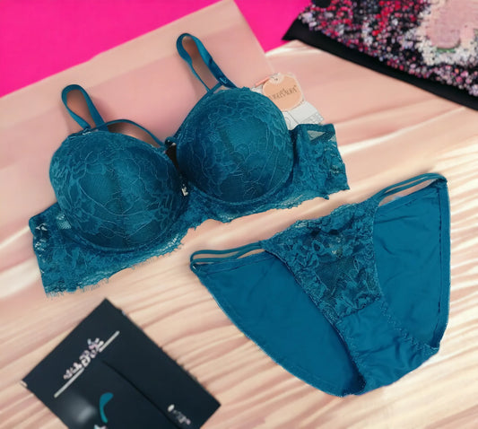 Angels Aura Double Padded Wired and Push Up High Quality Embroided Bra And Panty Set Cup B & C / Blue