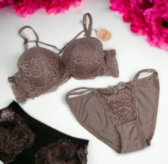 Angels Aura Double Padded Wired and Push Up High Quality Embroided Bra And Panty Set Cup B & C / Brown