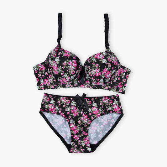 Angels Aura Double Padded Wired and Push Up Flower Printed High Quality Front open buckle Bra And Panty Set Cup B & C / Black