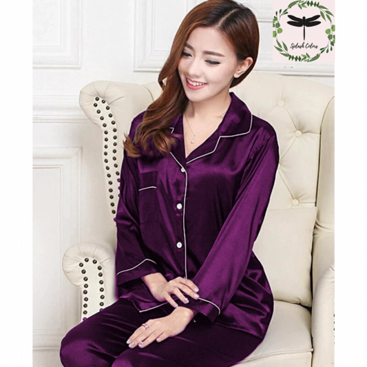 Girls Wear Hammer Plain Silk Night Suit For Girls & Women - Purple