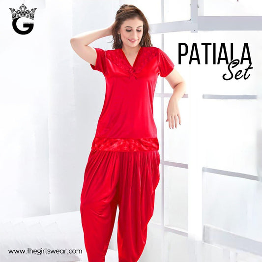T.S Silk Nighty Patiyala 2-Pieces Short Length Half Sleeves Silk Nightwear
