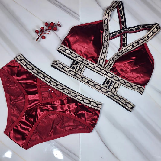 Lunna Lace High Quality Pure Silk bikini Style Padded Bra & Panty Set - Maroon