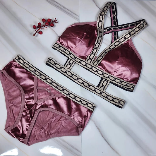 Lunna Lace High Quality Pure Silk bikini Style Padded Bra & Panty Set - Old Pink