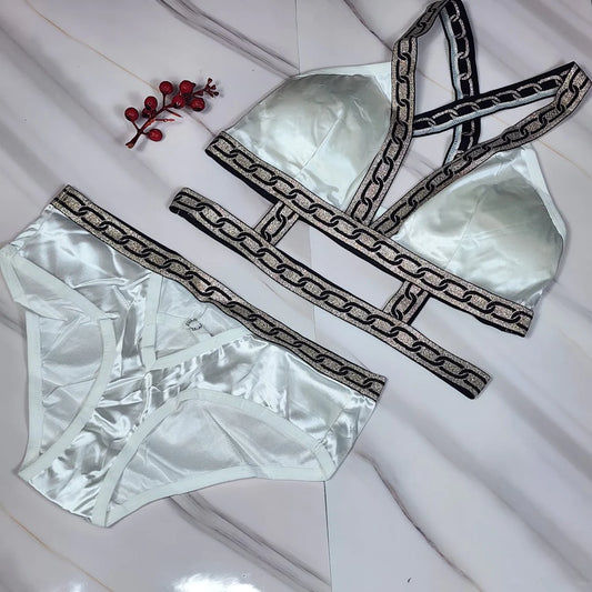Lunna Lace High Quality Pure Silk bikini Style Padded Bra & Panty Set - White