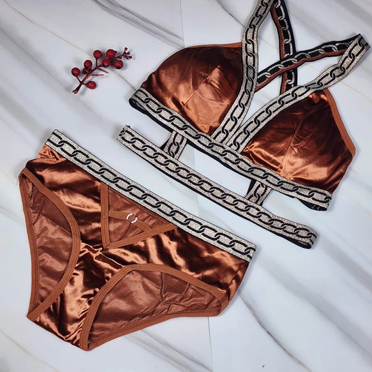 Lunna Lace High Quality Pure Silk bikini Style Padded Bra & Panty Set - Brown