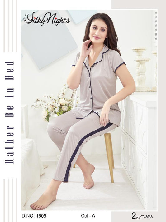 Silky Nights 2- Pieces Shirt & Pajama Silk Nightwear For Girls & Women - Grey
