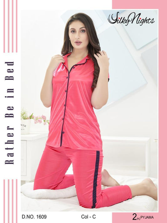 Silky Nights 2- Pieces Shirt & Pajama Silk Nightwear For Girls & Women -  Pink