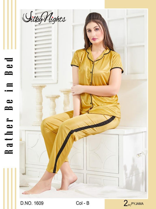 Silky Nights 2- Pieces Shirt & Pajama Silk Nightwear For Girls & Women - Gold