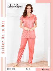 Silky Nights 2- Pieces Short Sleeves Silk Nightwear For Girls & Women - Baby Pink