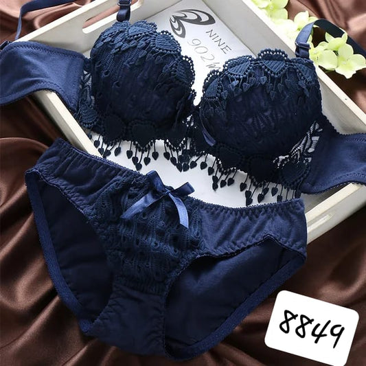 Angels Aura Turkish Thin Embroidery Push Up Lace Bra and Panty Set - blue
