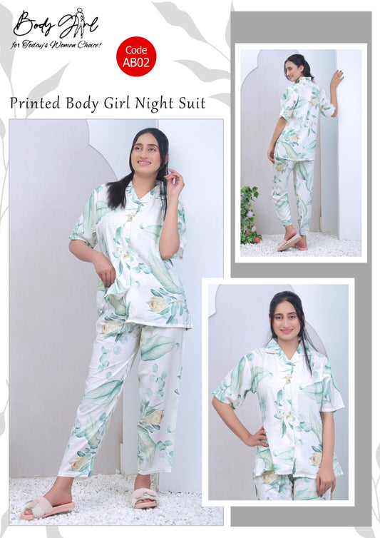 Body Girl 2 Pieces Bridal printed Linen Nightwear suit For Girls & Women
