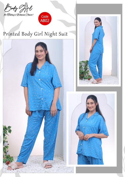 Body Girl 2 Pieces Bridal printed Linen Nightwear suit For Girls & Women