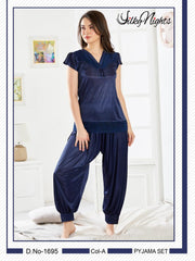 Silky Nighty Imported 2-Pieces Half Sleeves & V-Neck Patiyala Nightwear