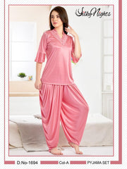 Silky Nighty Imported 2-Pieces Half Sleeves & V-Neck Patiyala Nightwear