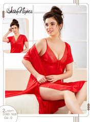 Silky Nighty 2-pieces Bridal Nightwear Short Nighty & Gown For Girls & Women - Red
