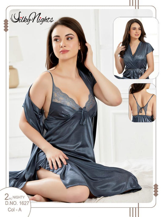 Silky Nighty 2-pieces Bridal Nightwear Long Nighty & Gown For Girls & Women - Grey