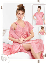 Silky Nighty 2-pieces Bridal Nightwear Long Nighty & Gown For Girls & Women - Pink
