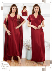 Silky Nighty 2-pieces Bridal Nightwear Long Nighty & Gown For Girls & Women - Maroon