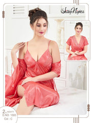 Silky Nighty 2-pieces Bridal Nightwear Long Nighty & Gown For Girls & Women - Bright Orange