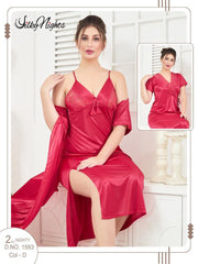 Silky Nighty 2-pieces Bridal Nightwear Long Nighty & Gown For Girls & Women - Red