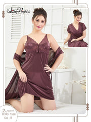 Silky Nighty 2-pieces Bridal Nightwear Short Nighty & Gown For Girls & Women - Brown