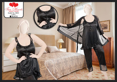 Girls wear 3-Piece Silk Nightwear With short Gown For Girls & Women