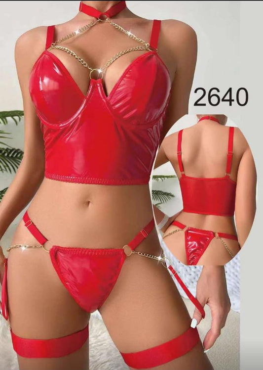 Baby Doll Stocking Erotic Set Lingerie Bandage with chain Underwear Bra Kit - Red