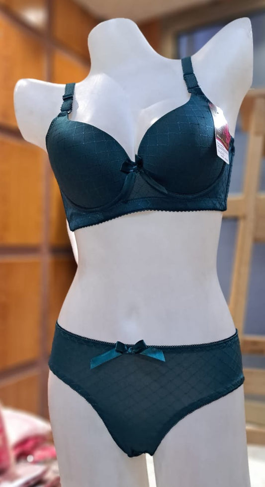 Padded Women's Blue Polyamide Push-Up Bra Panty Set, Size: 34 at