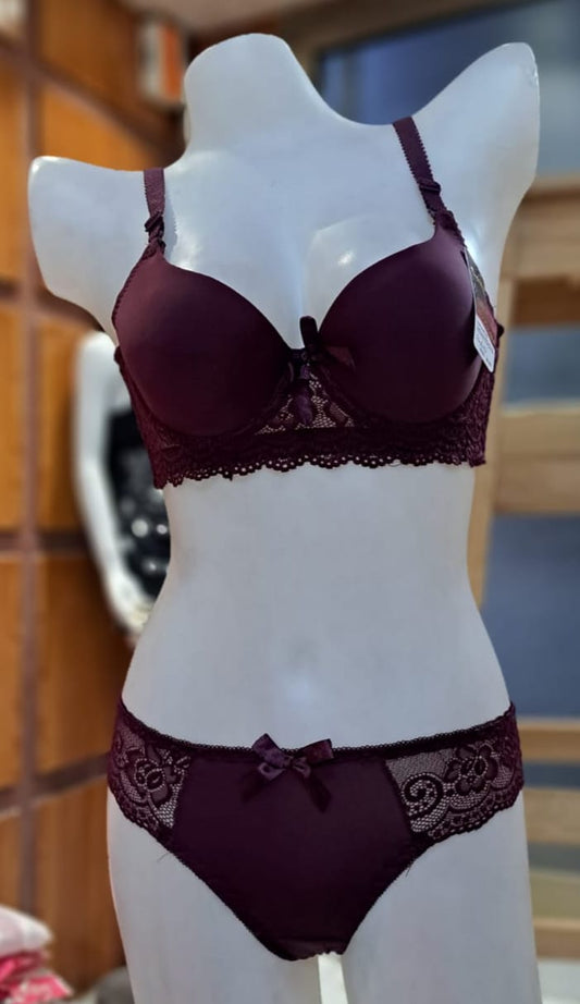 Flourish Padded Wired and Push Up Flower Printed High Quality Adjustable Straps Back Closure Bridal Bra And Panty Set / burgundy