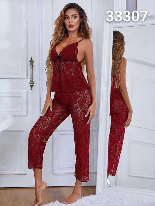 Baby Doll Spaghetti Straps V Neck Solid Color Lace Top Open Back Sexy Wide Nightwear