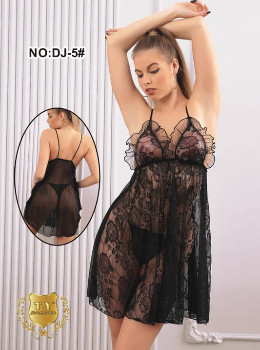 Baby Doll 2-Pieces Transparent Nighty For Girls & Women-Black