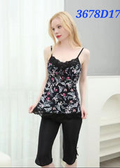 Baby Doll Print Women Silk Sexy short pajamas Sleeveless Nightwear 2pcs Lingerie Set