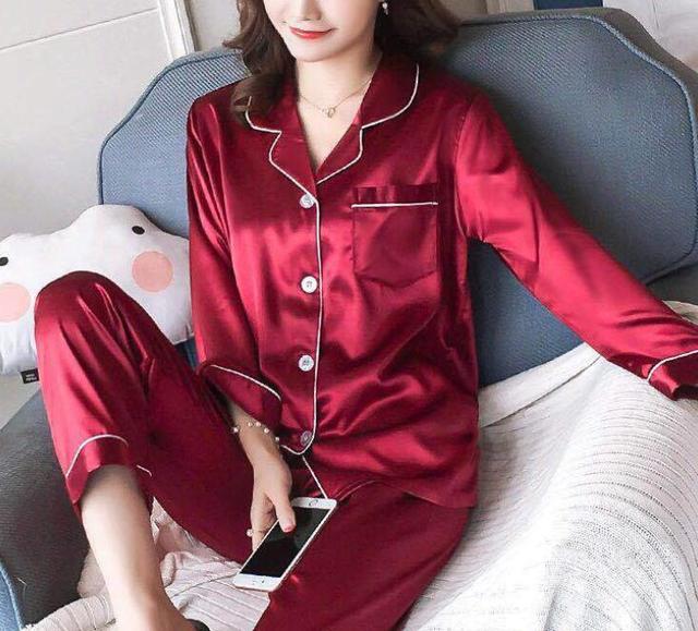 Women Ladies Plain Lace Silk Satin Pyjamas Long Sleeve Nightwear Set  Sleepwear