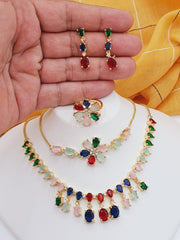 Fashion Jewellery Indian AD Set Multicolor Stone 4-Pieces Combo