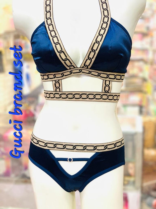 Lunna Lace High Quality Pure Silk bikini Style Padded Bra & Panty Set - Blue