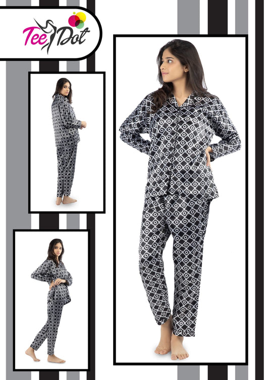 Tee Dot 2-Pieces Silk Printed Pajama & Shirt For Girls & Women - Black