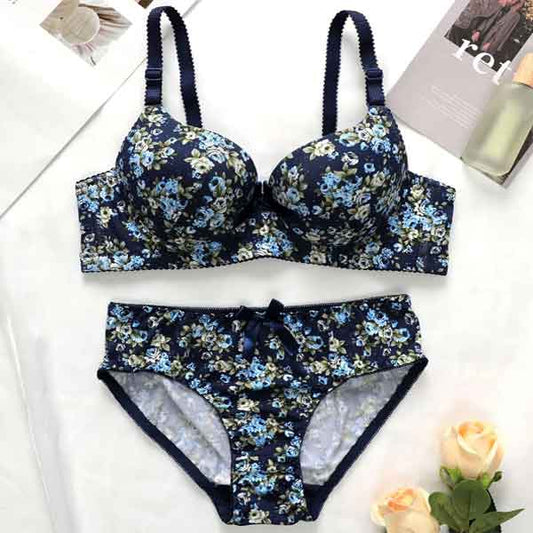 Angels Aura Double Padded Wired and Push Up Flower Printed High Quality Front open buckle Bra And Panty Set Cup B & C / Blue