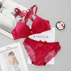 Fancy Front Opening Butterfly Bra Set with Bra Panty for Girls & Women - Red