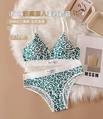 Leopard Design Ladies Imported High Quality Soft Paded Push-Up Bra Set Free Size / Green