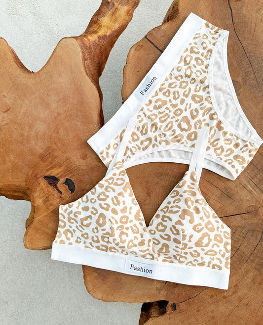 Leopard Design Ladies Imported High Quality Soft Paded Push-Up Bra Set Free Size / Khaki