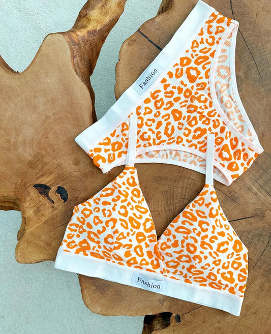 Leopard Design Ladies Imported High Quality Soft Padded Push-Up Bra Set Free Size / Orange
