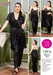 Tee Dot Viscose 3-Pieces Bridal Nightwear For Girls & Women - Black